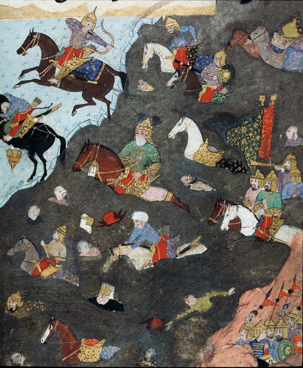 Det osmanske riket: "" Hæren til Sultan Murad III (1546-1595) krysser en elv i en gue""" Miniatyr fra 1500-tallet. Istanbul, Topkapi Sarayi museumsbibliotek av Ottoman School