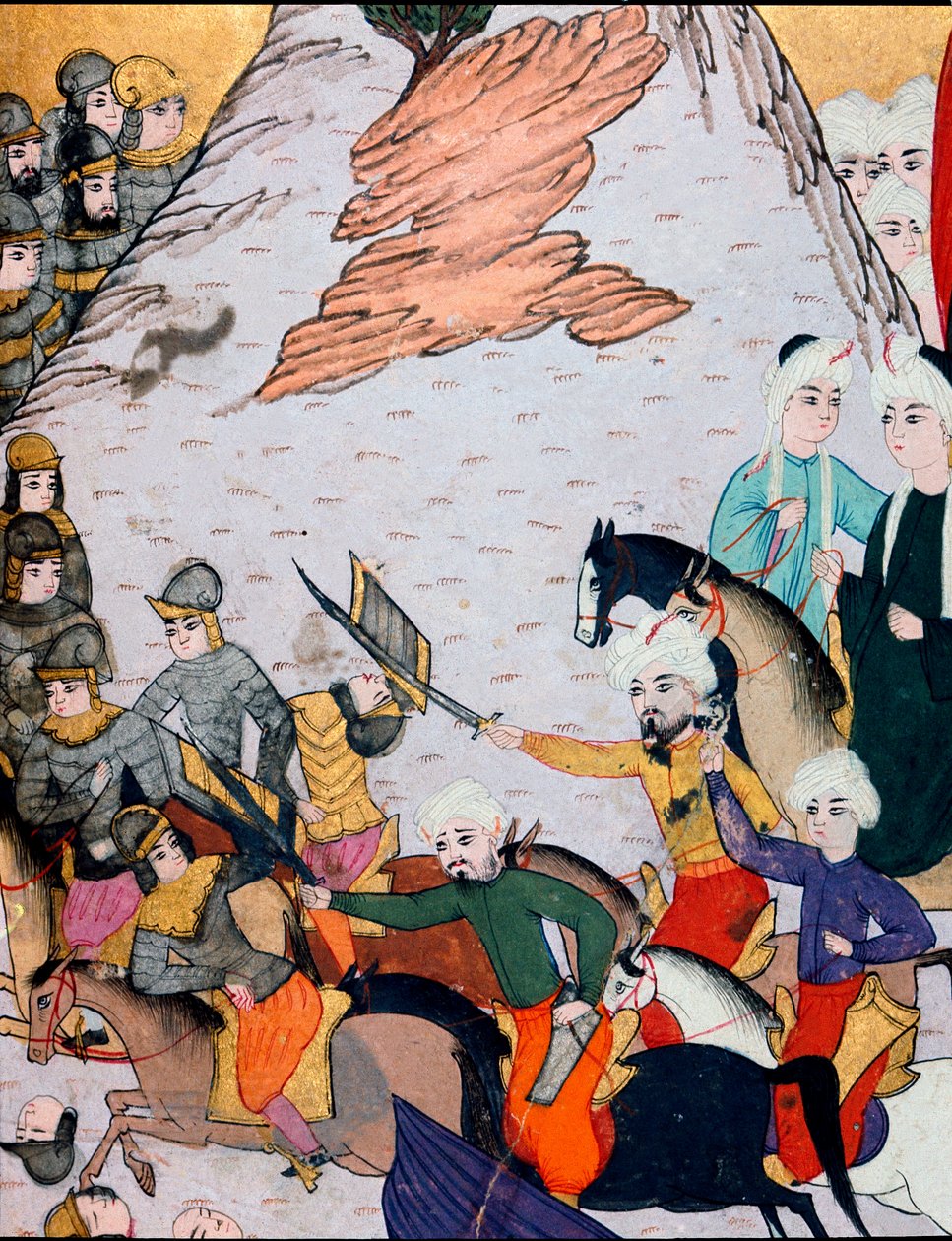 Det osmanske riket: sammenstøt mellom hæren til Sultan Bayezid I (Bajazet) (1360-rundt 1402) mot den fransk-ungarske alliansen under slaget ved Nicopolis 25.09.1396. 1400-talls miniatyr. Topkapi Sarayi Museum Library Istanbul av Ottoman School