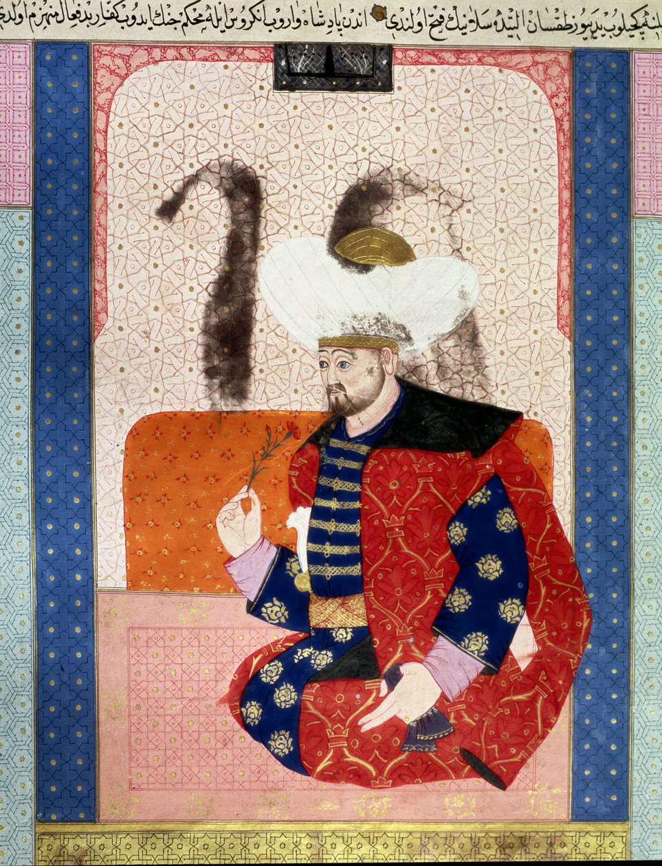 Det osmanske riket: portrett av Bayazid I (Bajazet I) (ca. 1354-1403) kjent som Yildirim (Lyn)"" Miniatyr fra manuskriptet (Ms. 1973, folio 62a) "" Zubdatat-al-Tawarikh" (Zubdat al-Tawarikh) ) (Creme of Stories) av historikeren Seyyid Loqman Ashuri 1538. av Ottoman School