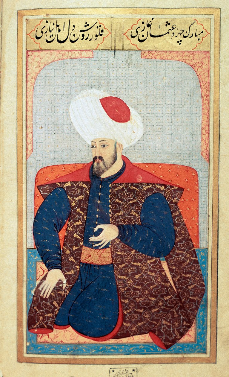 Det osmanske riket: portrett av den første sultanen Osman I (1258-1326) Miniatyr fra manuskriptet "" Menneskelig fysiognomi (Om personlige arrangementer av osmanerne) av Seyyid Lokman Hussein. (Ms. ty6087 folio 21b) av Ottoman School