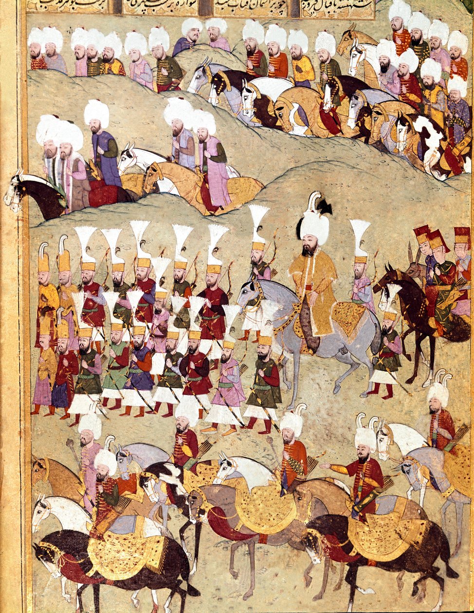 Det osmanske riket: "" representasjon av den osmanske sultanen Murad II (Murat) (1404-1451) og hans Armee under invasjonen av Persia""" Manuskript miniatyr ms. FY 1404 "" Sehinsahname"" (eller Shahinshah-nameh eller Shahinshah-nameh, Shahinshah nama, Shahi av Ottoman School