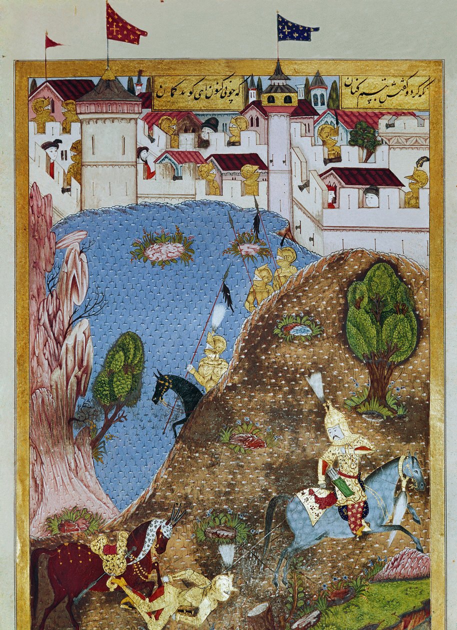 Det osmanske riket: representasjon av Sultan Soliman (Suleyman) Jeg sa at den storslåtte (1520-1566) og hans hær angriper byen Beograd. Miniatyr hentet fra 