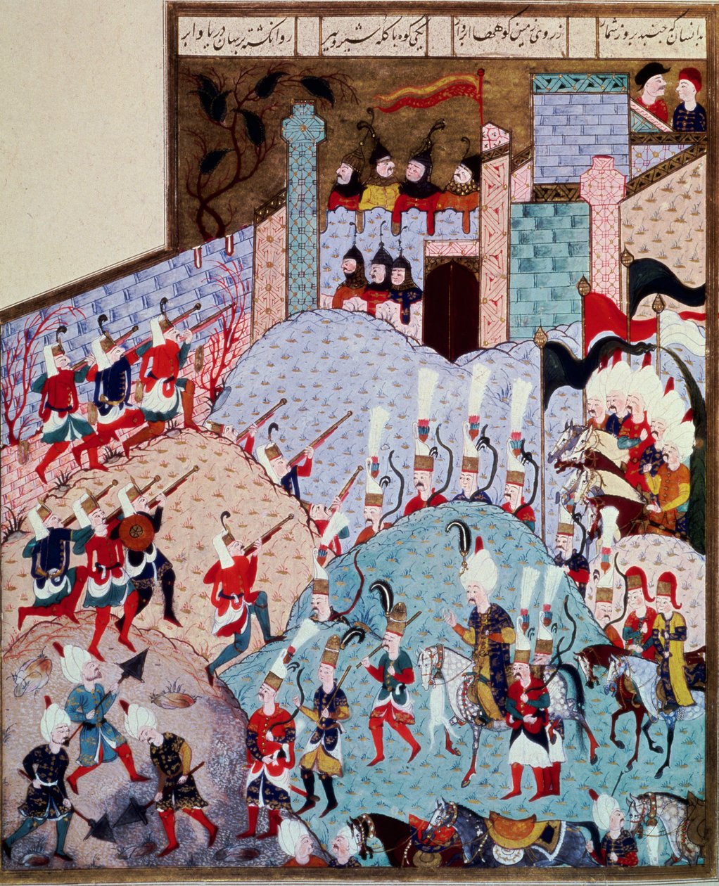 Det osmanske riket: representasjon av Sultan Soliman (Suleyman) Jeg sa den storslåtte (1520-1566) og hans hær angriper en befestet by 