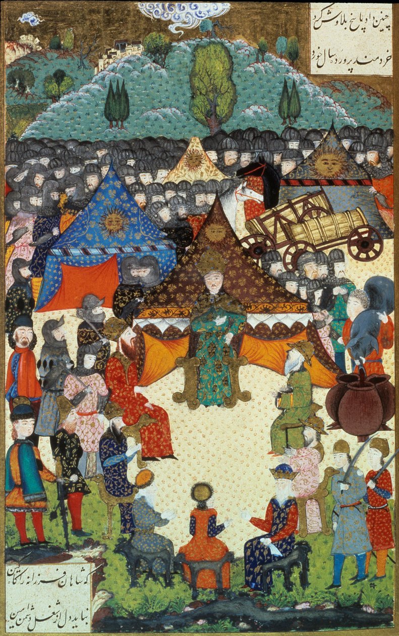 Det osmanske riket: representasjon av Sultan Soliman (Suleyman) Jeg sa den storslåtte (1520-1566) ved hoffet hans. Miniatyr hentet fra 