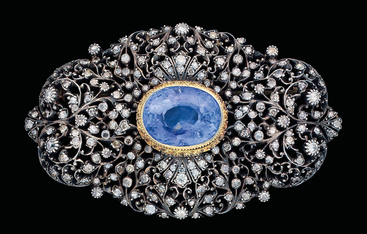 Innsatt brosje med ottomansk diamant og safir (safir og diamanter satt i gull og sølv) av Ottoman School