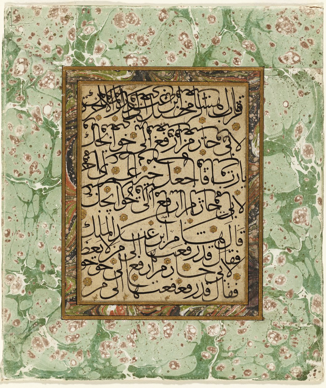 Side med kalligrafi (blekk og gull på papir med marmorert kant) av Ottoman School