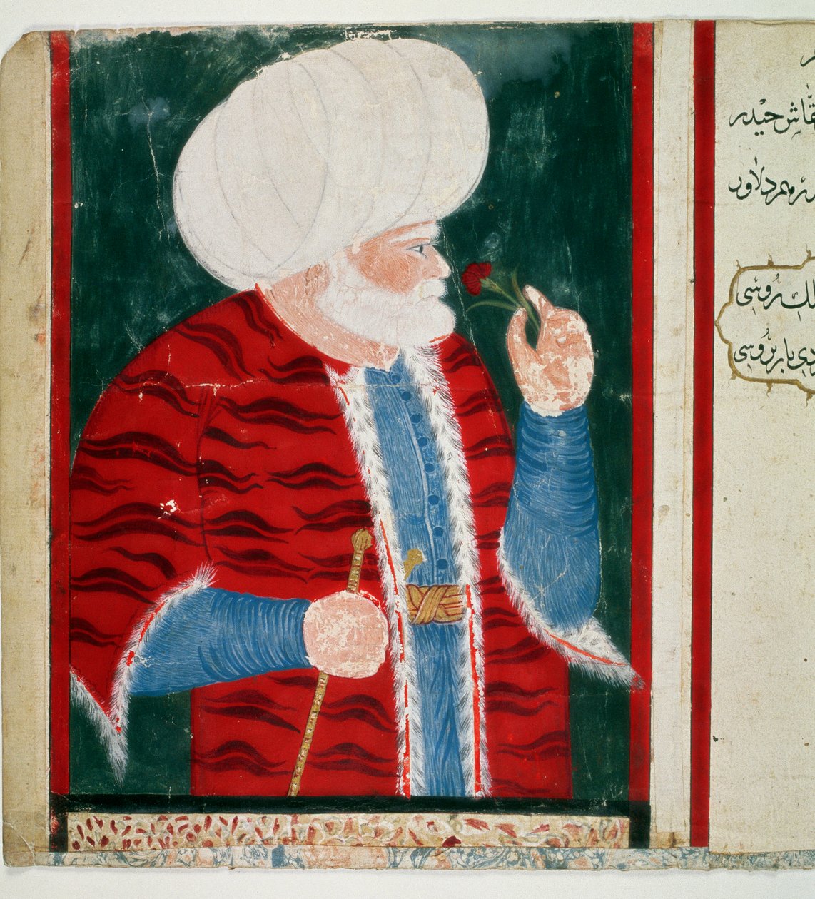 Portrett av Barberose (Khizir Khayr ad-din (Barbaros Hozor Hayreddin Pasha eller Pasa eller Chair ad Din, Chaireddin eller Cheireddin) (1466-1546) Storadmiral av det osmanske riket etter en karriere som piratminiatyr fra manuskriptet Ms. H. 2134 av Ottoman School