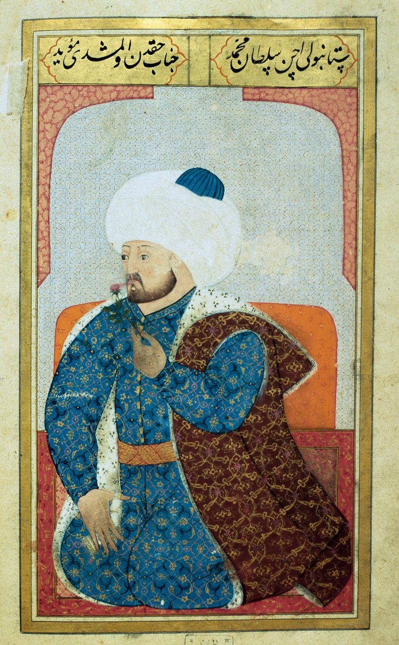 Portrett av sultanen fra det osmanske riket Mehet II (Mehmet II erobreren eller Mehmed II Fatih) (1430-1481) Miniatyr fra manuskriptet "" Menneskelig fysiognomi (Om ottomanernes personlige disposisjoner) av Seyyid Lokman Hussein. (Ms. ty6087 folio av Ottoman School