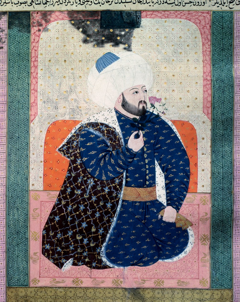 Portrett av sultanen fra det osmanske riket Mehet II (Mehmet II erobreren eller Mehmed II Fatih) (1430-1481) Miniatyr fra manuskriptet (Ms. 1973, folio 62a) “Zubdatat-al Tawarikh” (Zubdat al-Tawarikh) ( Creme of Stories) av historikeren Seyyid Loqman As av Ottoman School