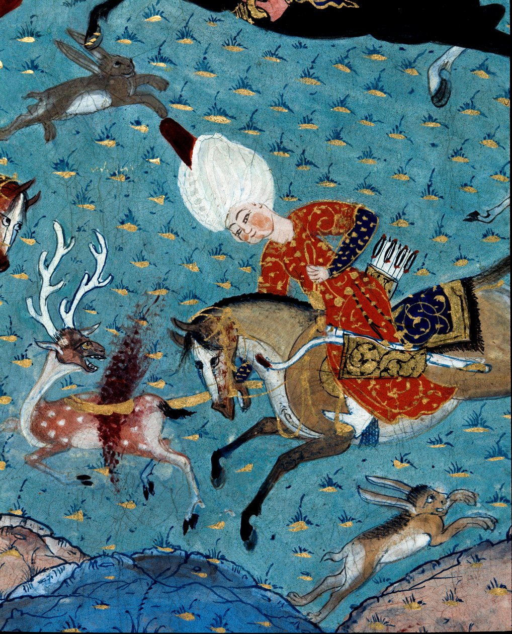 Representasjon av hoffmennene til Sultan Murad II (Murat) (1404-1451) som jakter hjort og hare Detalj. 1600-talls miniatyr. Istanbul, Topkapi Sarayi museumsbibliotek av Ottoman School