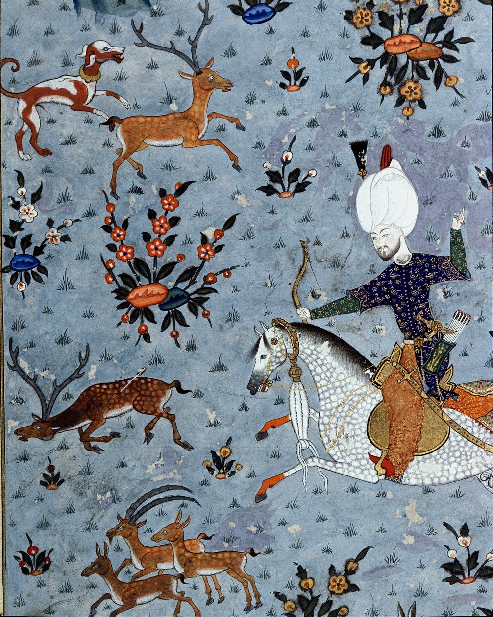 Representasjon av hoffmennene til Sultan Murad II (Murat) (1404-1451) som jakter hjort. 1600-talls miniatyr. Istanbul, Topkapi Sarayi museumsbibliotek av Ottoman School