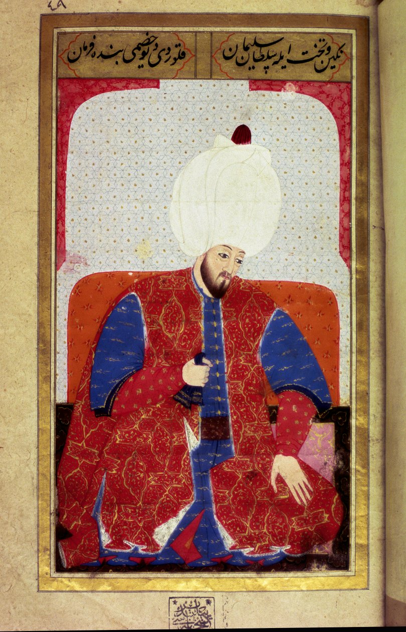 Soliman (Suleyman) I the Magnificent (1494-1566), Sultan Ottoman Miniature fra manuskriptet "" Human Physiognomy (Om personlige arrangementer av ottomaner) av Seyyid Lokman Hussein. (Ms. ty6087 folio 27b) av Ottoman School