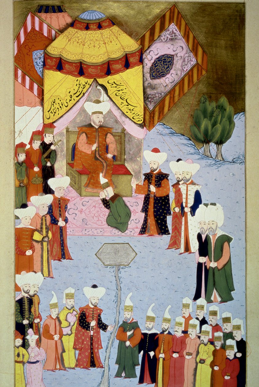 Sultan Bayezid (eller Bajazet) I (1360-ca. 1402) har sin miniatyrdomstol fra "Hunername" av Lokman, vol. 1 (H 1523, f.7) 1584 Topkapi Sarayi Museum Library Istanbul av Ottoman School