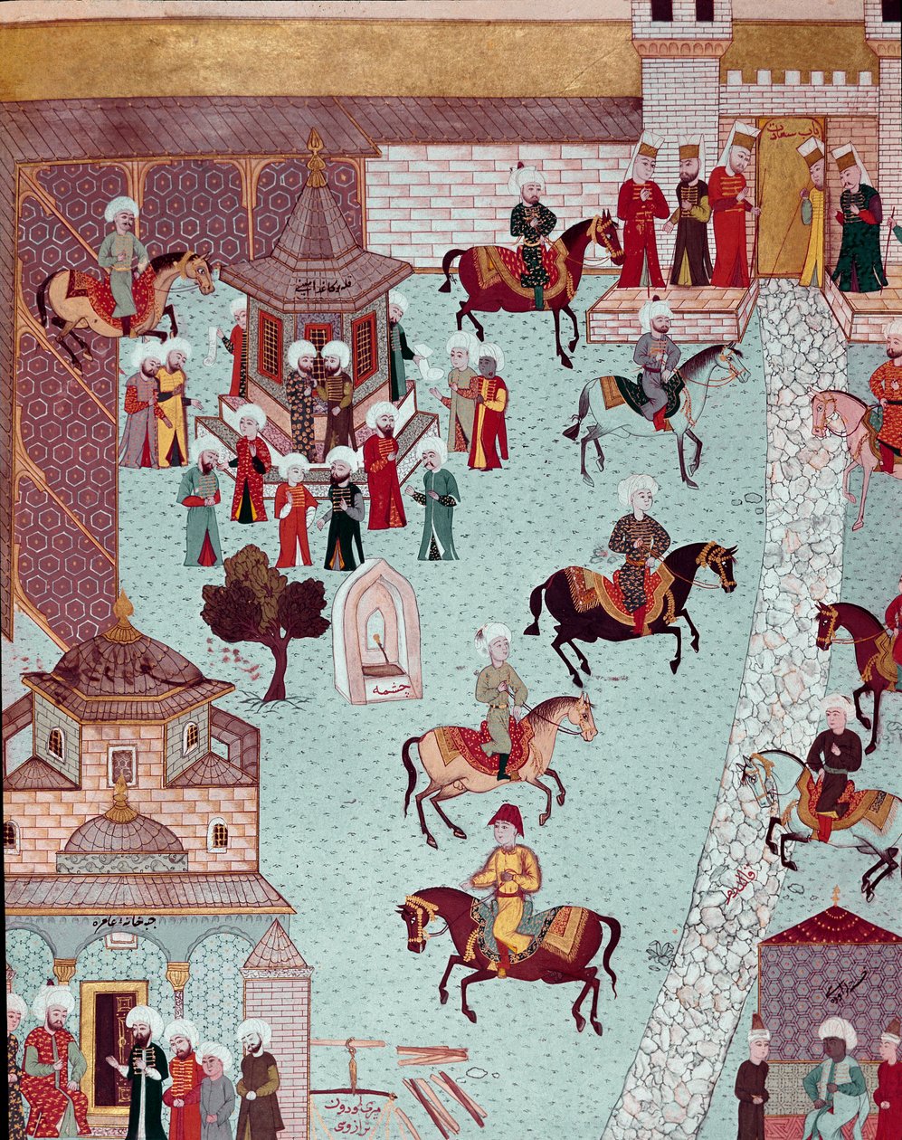 Utsikt over kirken St. Irene (Saint Irene), porten til Serail og palasset til sultanene i Konstantinopel Miniatyr på 1600-tallet. Topkapi Sarayi Istanbul av Ottoman School