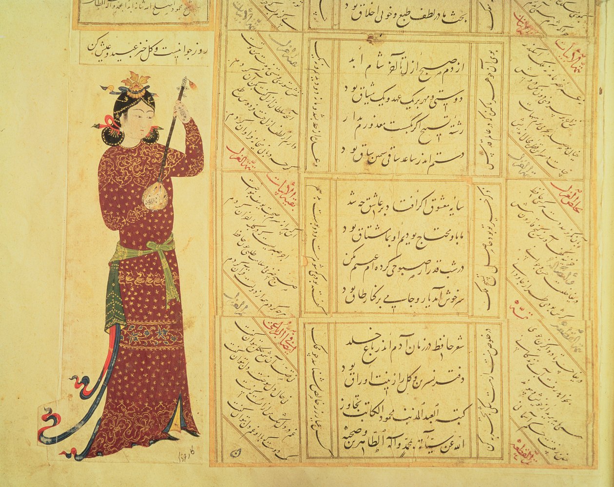 Kvinne som spiller rebab og kalligrafi (ugjennomsiktig wc på papir) av Ottoman School