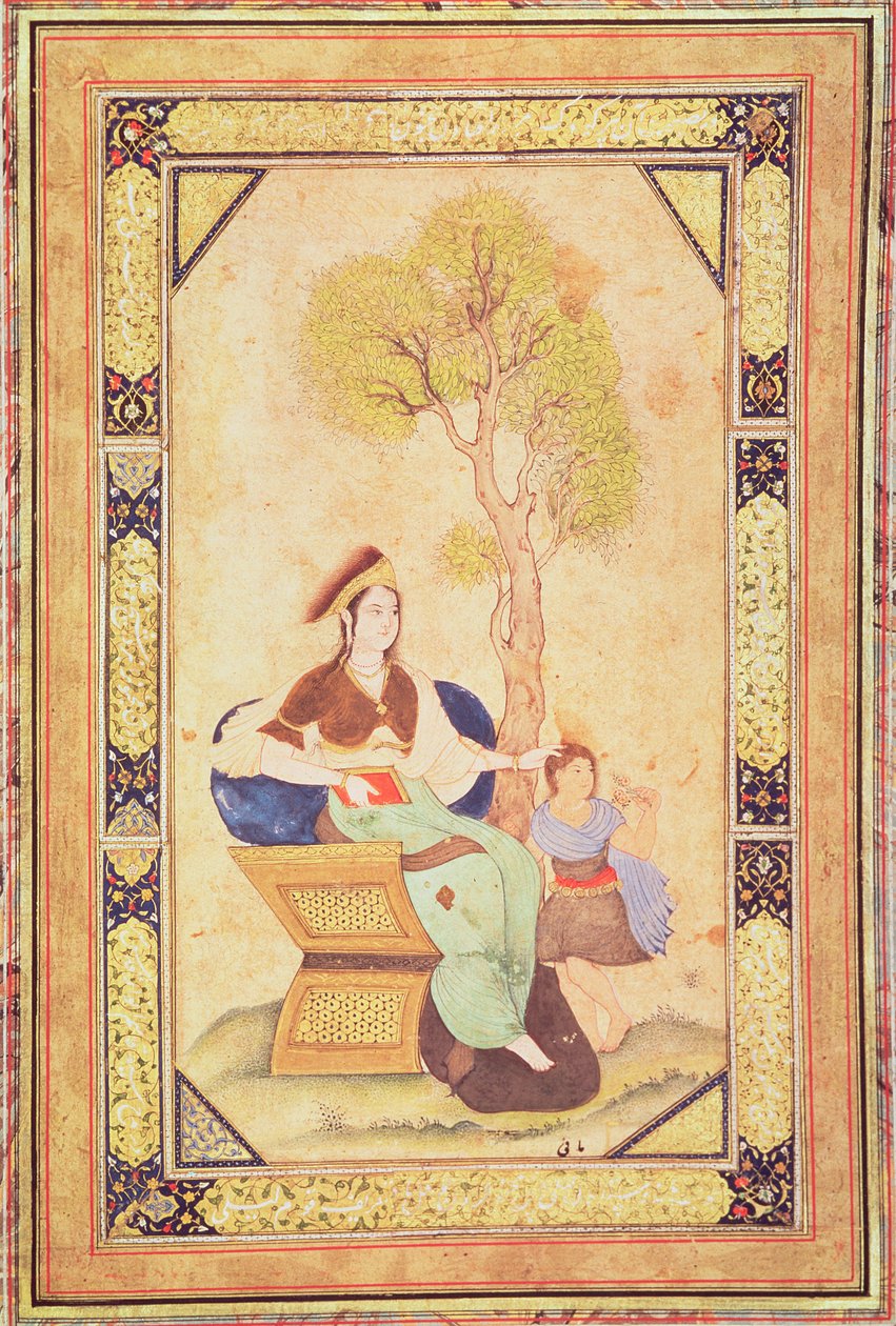 Kvinne sittende med en ung jente i en hage, fra Album de pieces calligraphie et de miniatures (miniatyr) av Ottoman School