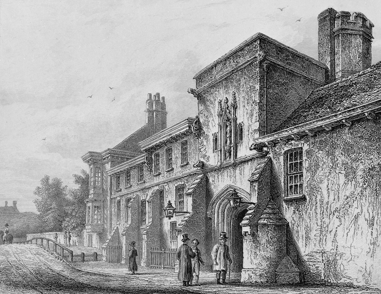 College Gate og Wardens Lodge Winchester, ca. 1830 av Owen Brown Carter