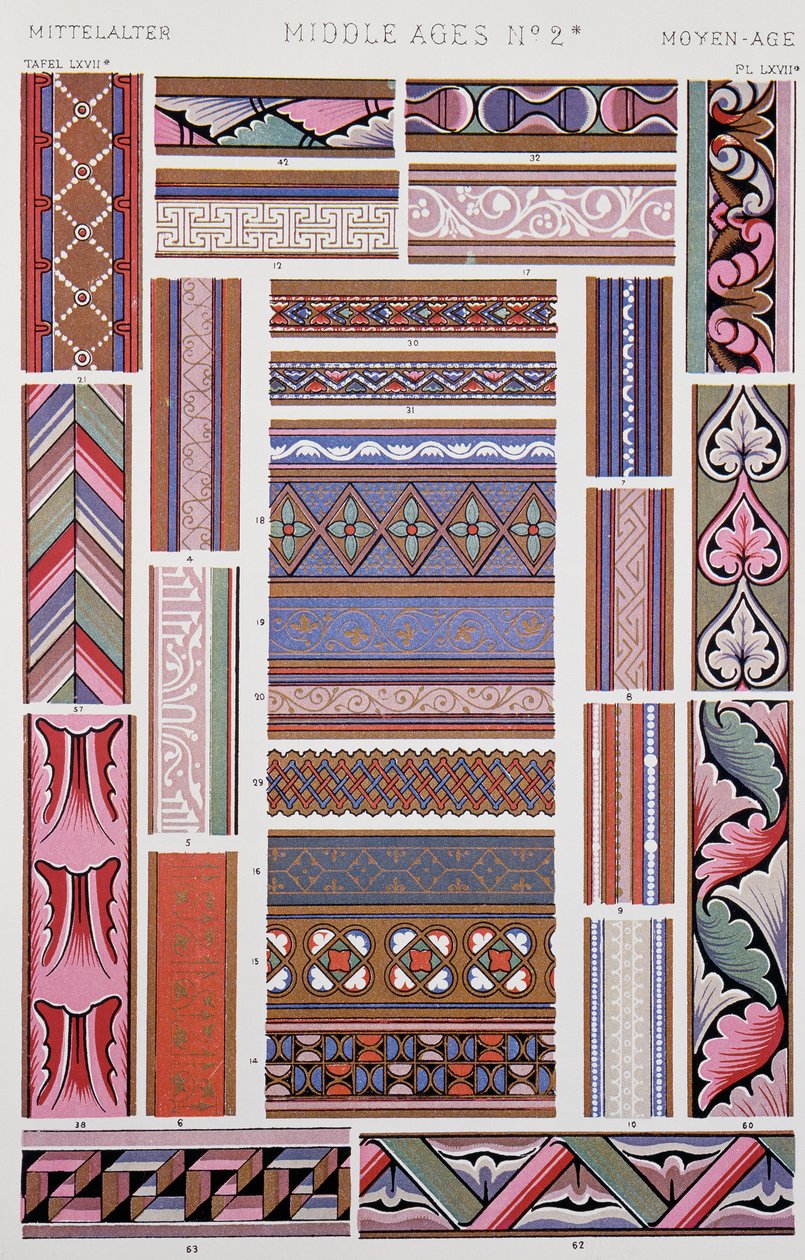Dekor i middelalderstil, plate LXVII fra Grammar of Ornament, av Owen Jones (1809-1874), London av Owen Jones