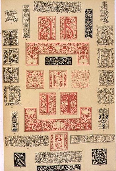 Eksempler på typografiske utsmykninger fra Italia og Frankrike fra 1500 -tallet, utgitt av Aldine, Giunta og Stephan, kapittel XIX, plate XC, fra 'Grammar of Ornament' 1868 (farge lito) av Owen Jones