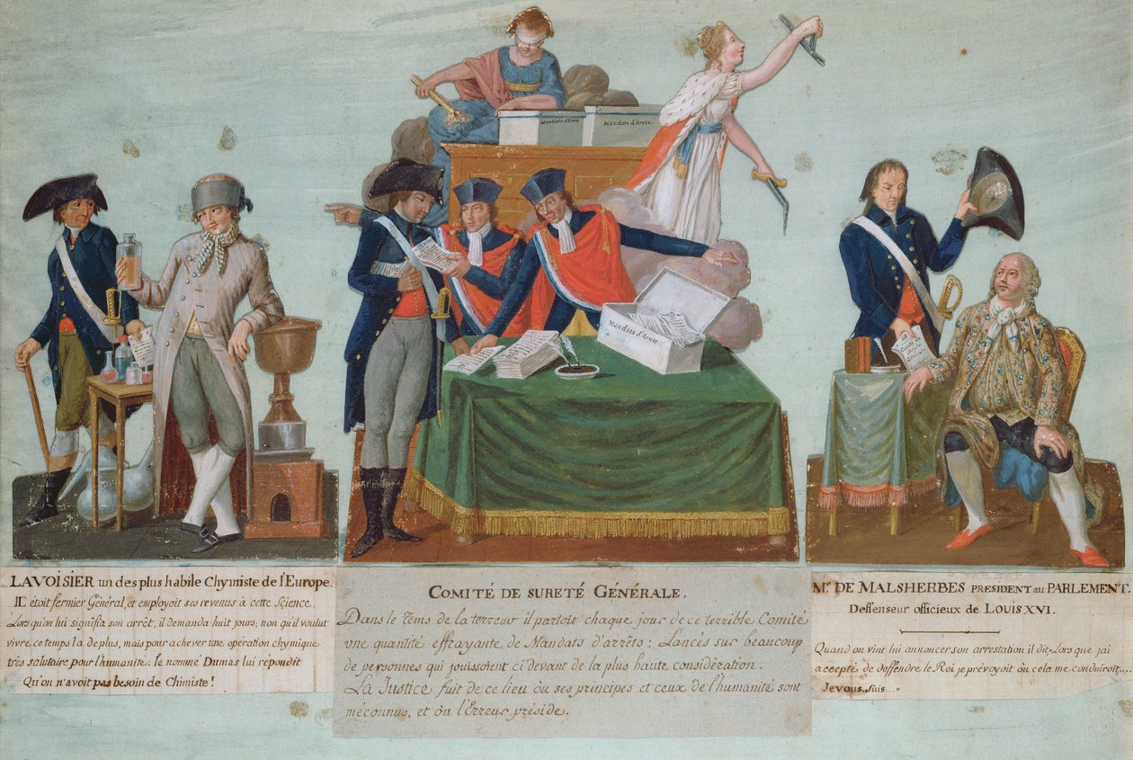 Lavoisier, Comite de Surete Generale og Malesherbes, 1700-tallet (gouache) av P. A. and J.B. Lesueur
