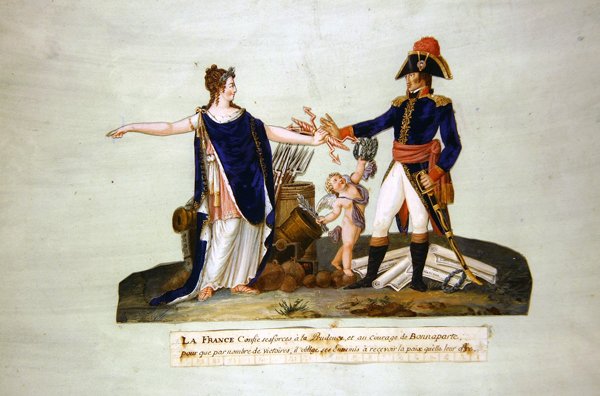 Frankrike overlater styrkene sine til Prudence og motet til Bonaparte. ca. 1800 (gouache) av P. A. and J.B. Lesueur