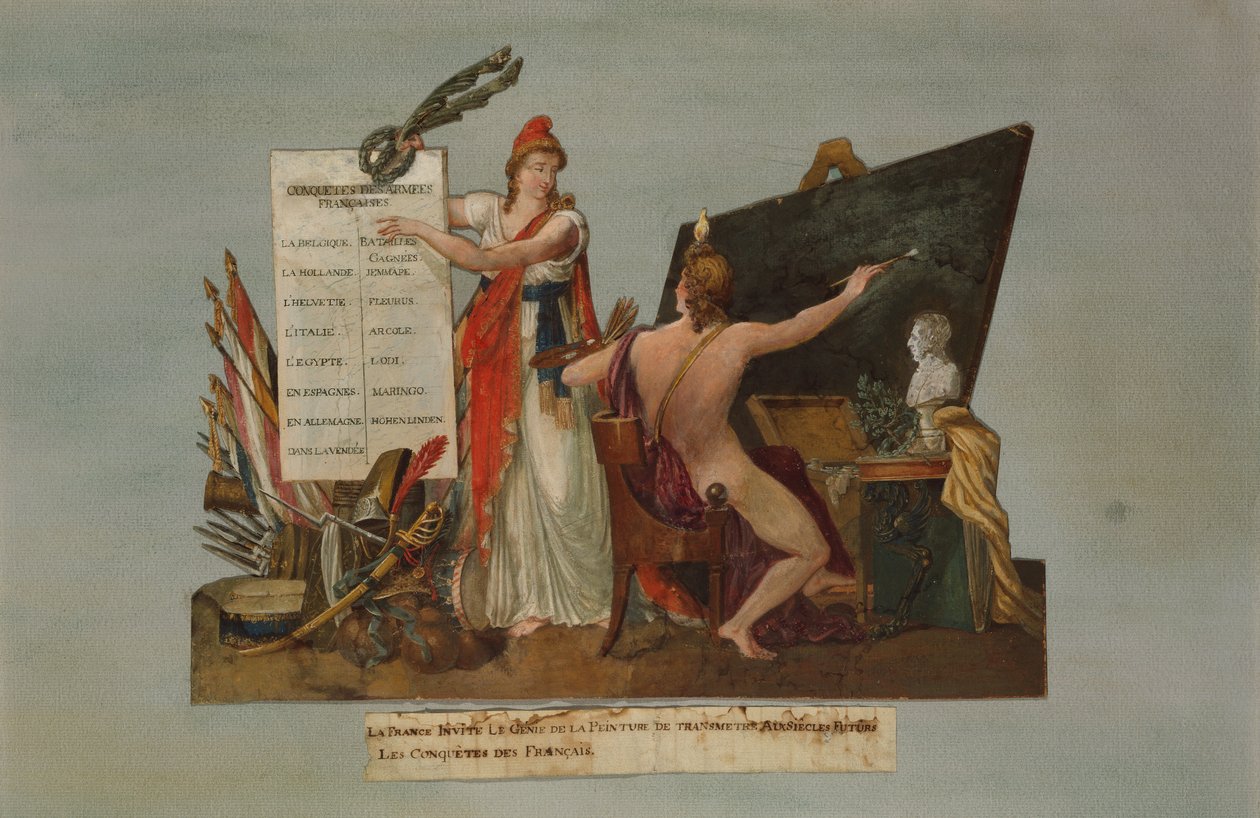Frankrike inviterer Genius of Painting til å overføre til fremtidige generasjoner historien om franske erobringer og seirene til hennes hærer, ca. 1800 (gouache) av P. A. and J.B. Lesueur