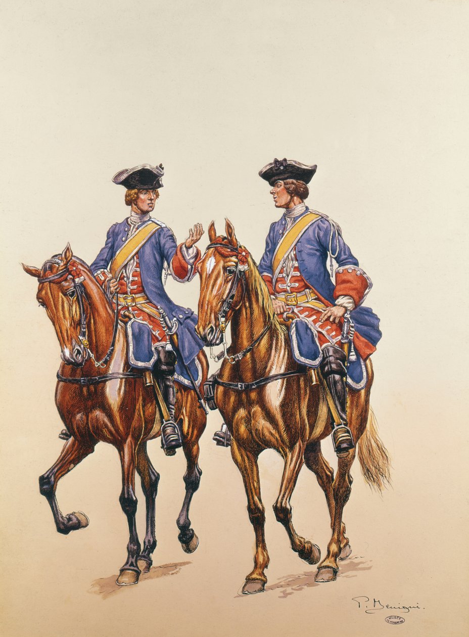 Visesersjant og bueskytter for den monterte politistyrken i lIle de France, ca. 1750 (wc på papir) av P. Benigni