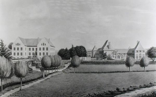 View of the Two Mills of Angecourt, grunnlagt i 1812 av Baron Neuflize (wc på papir) av P. Dujardin