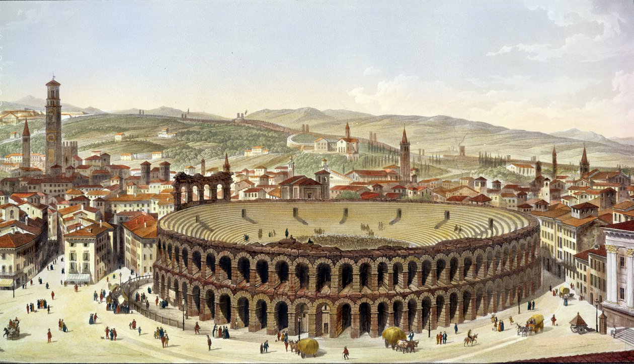 Utsikt over det romerske amfiteateret, Verona, gravert av L. Cherbuin (fargegravering) (detalj fo 130087) av P. Majocchi