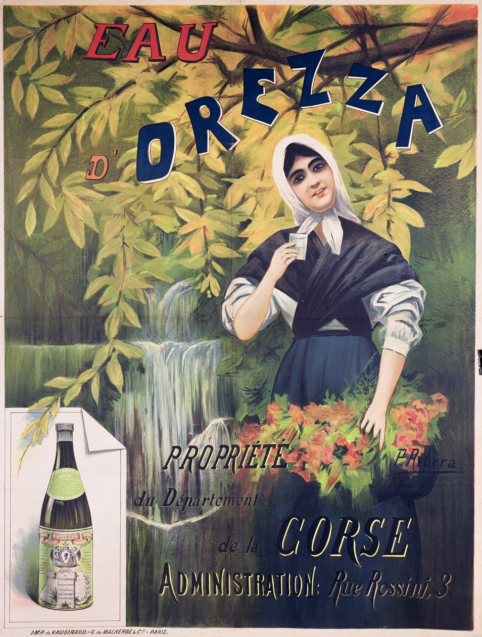Plakat reklame Eau dOrezza, naturlig mineralvann farge litho av P. Ribera