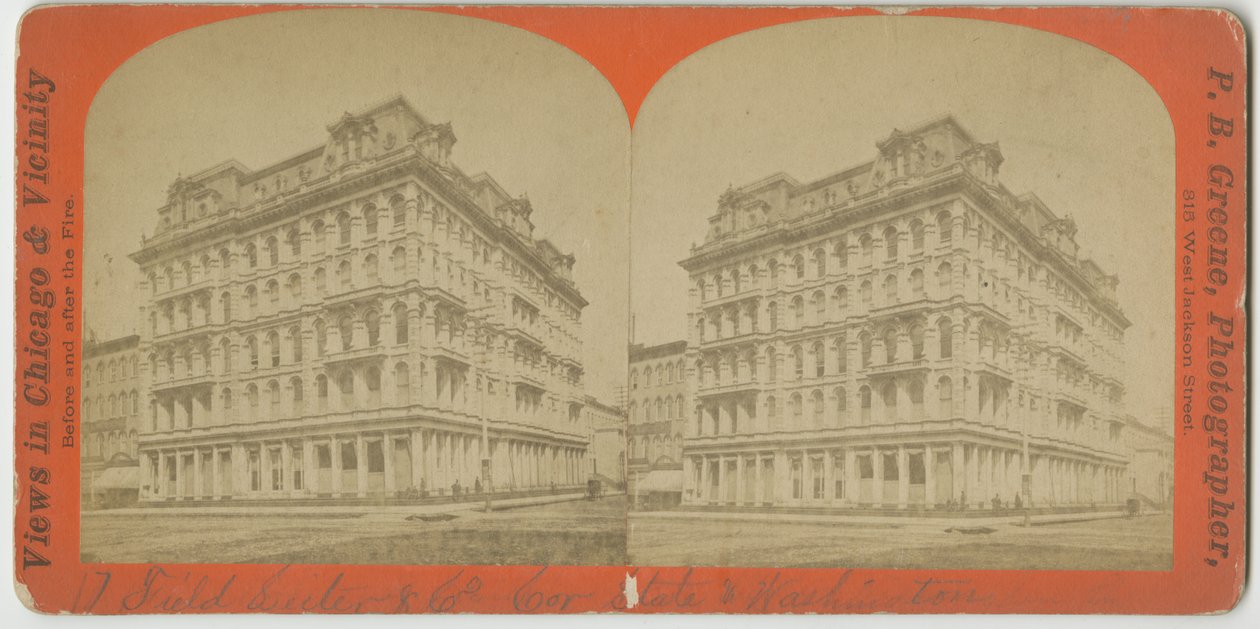 Field, Leiter & Company-butikk på hjørnet av State og Washington Streets, Chicago, ca. 1869 av P.B. Greene
