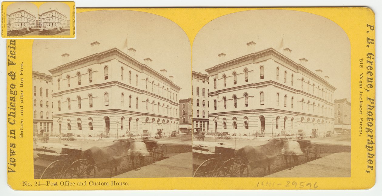 Stereograf av postkontoret og Custom House før Chicago-brannen i 1871, 1871 (bw-foto på kortfeste) av P.B. Greene
