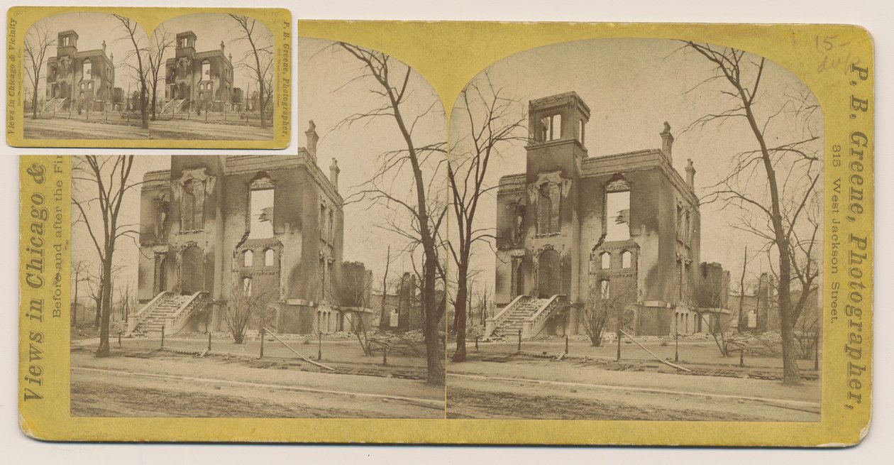 Stereograf av Rumsey-huset etter Chicago-brannen i 1871, 1871 (bw-bilde på kortfeste) av P.B. Greene