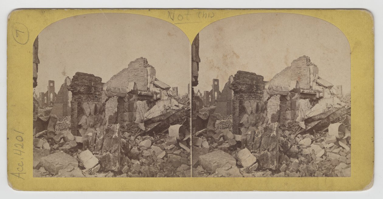 Stereografisk utsikt over Terrace Block på Michigan Avenue etter Chicago-brannen i 1871 av P.B. Greene