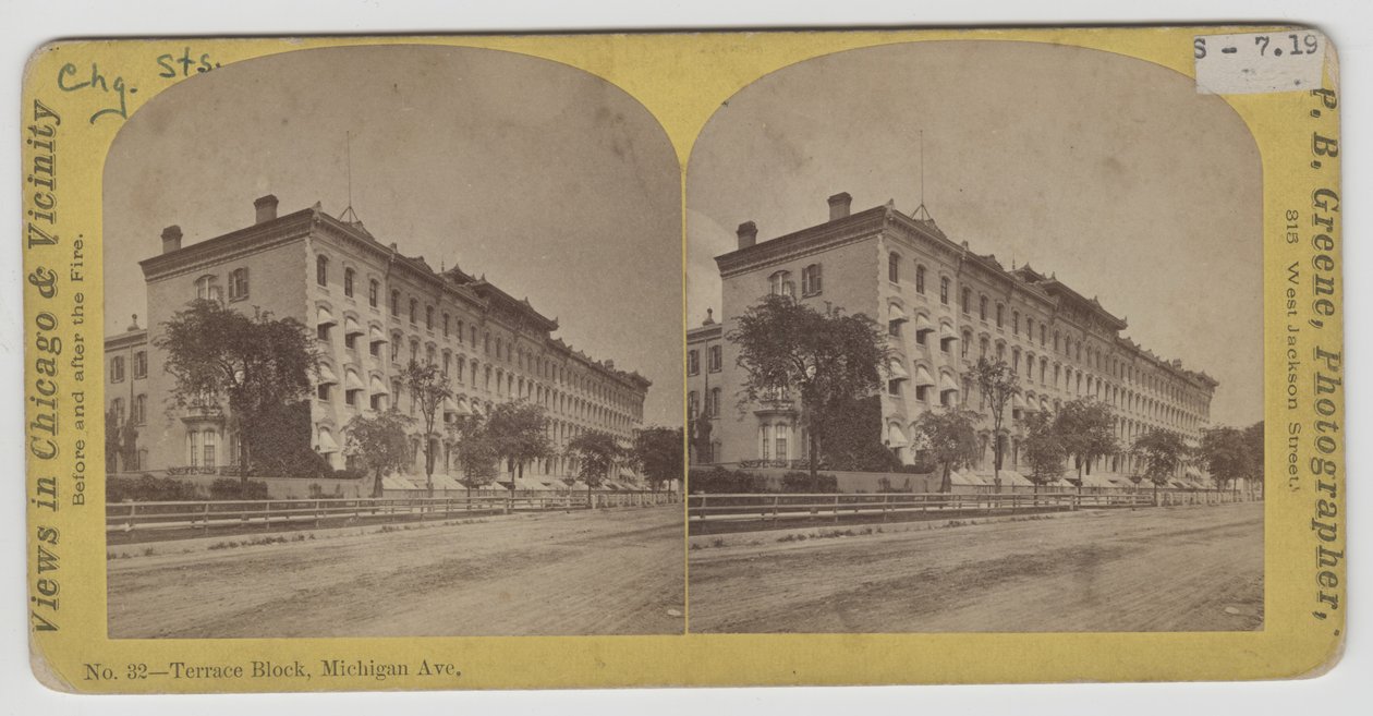Stereografisk utsikt over Terrace Block på Michigan Avenue før Chicago-brannen i 1871 av P.B. Greene