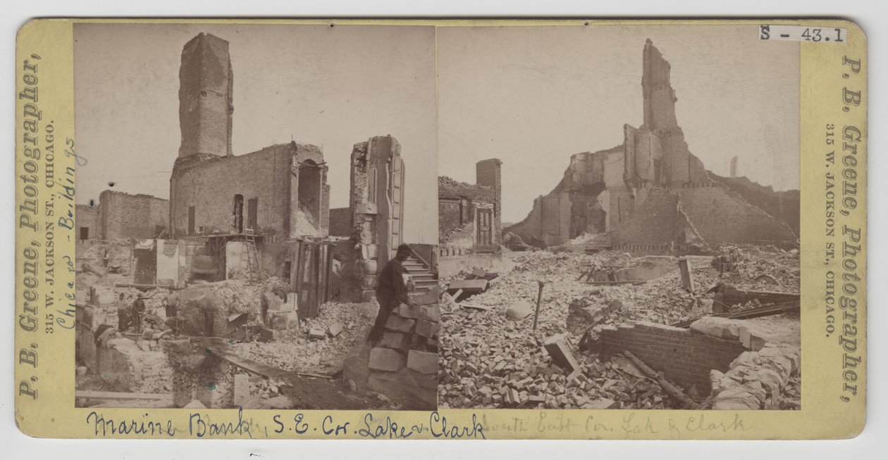 Utsikt over Marine Bank etter Chicago-brannen i 1871 av P.B. Greene