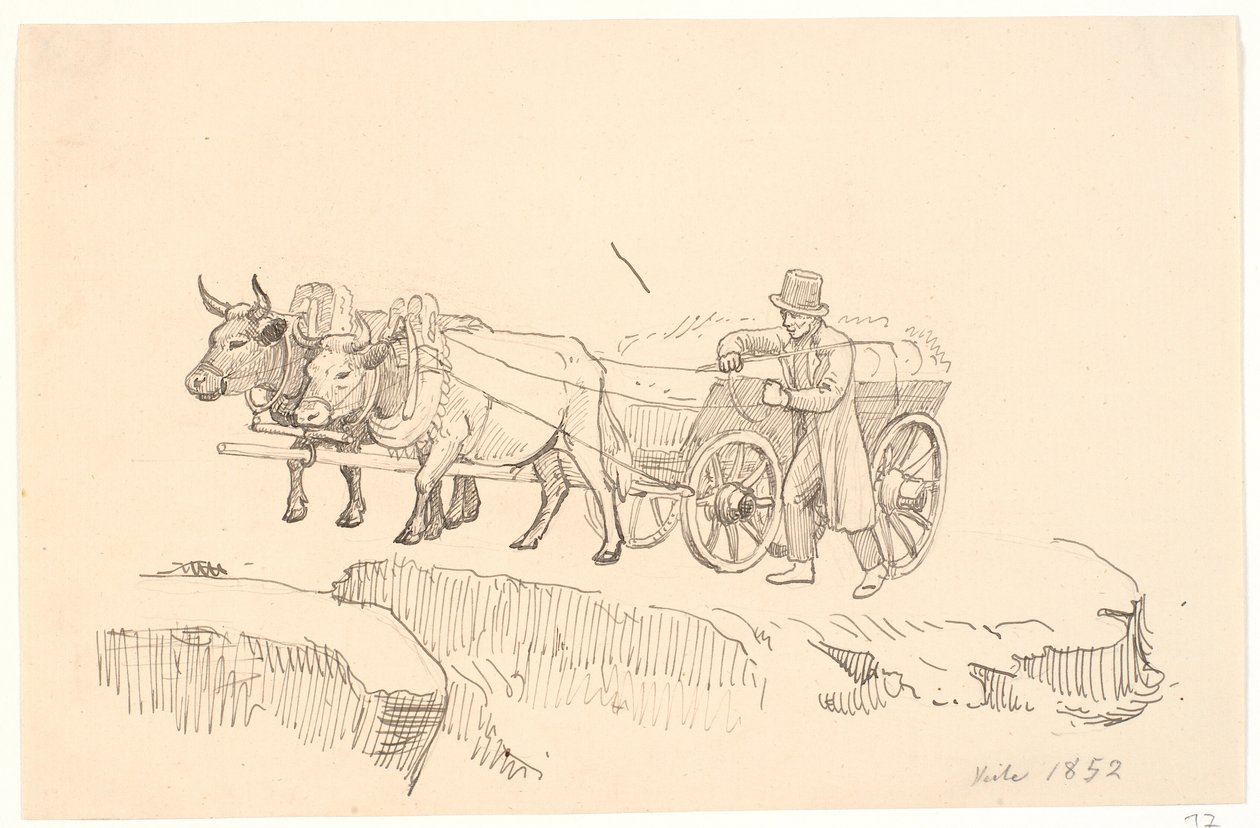 En bonde går ved siden av oksevognen sin av P.C. Skovgaard