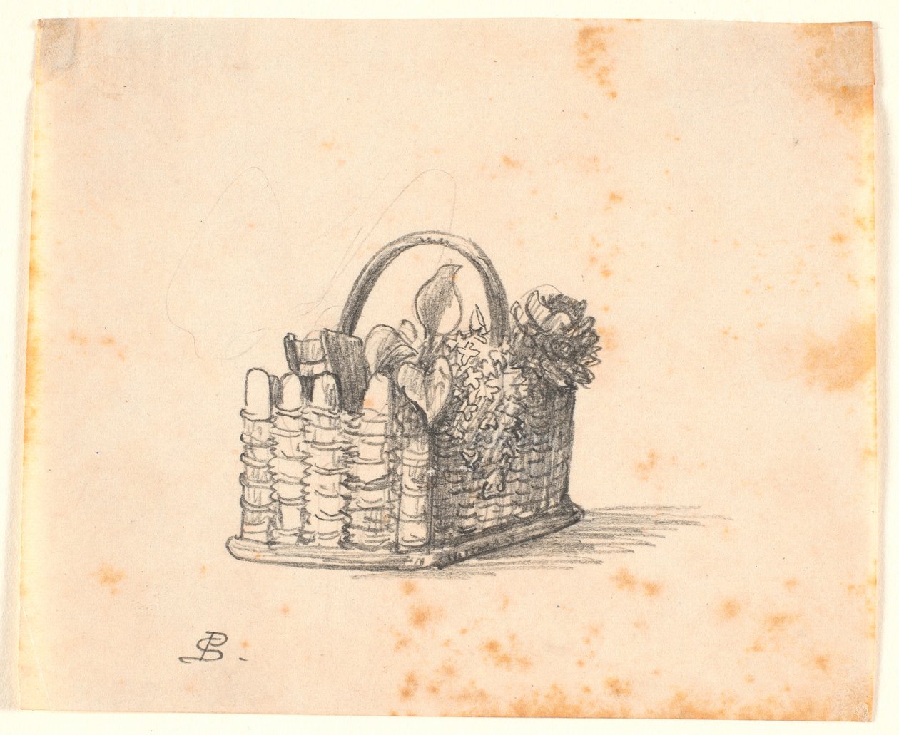 En flettet kurv med planter og en bok. av P.C. Skovgaard