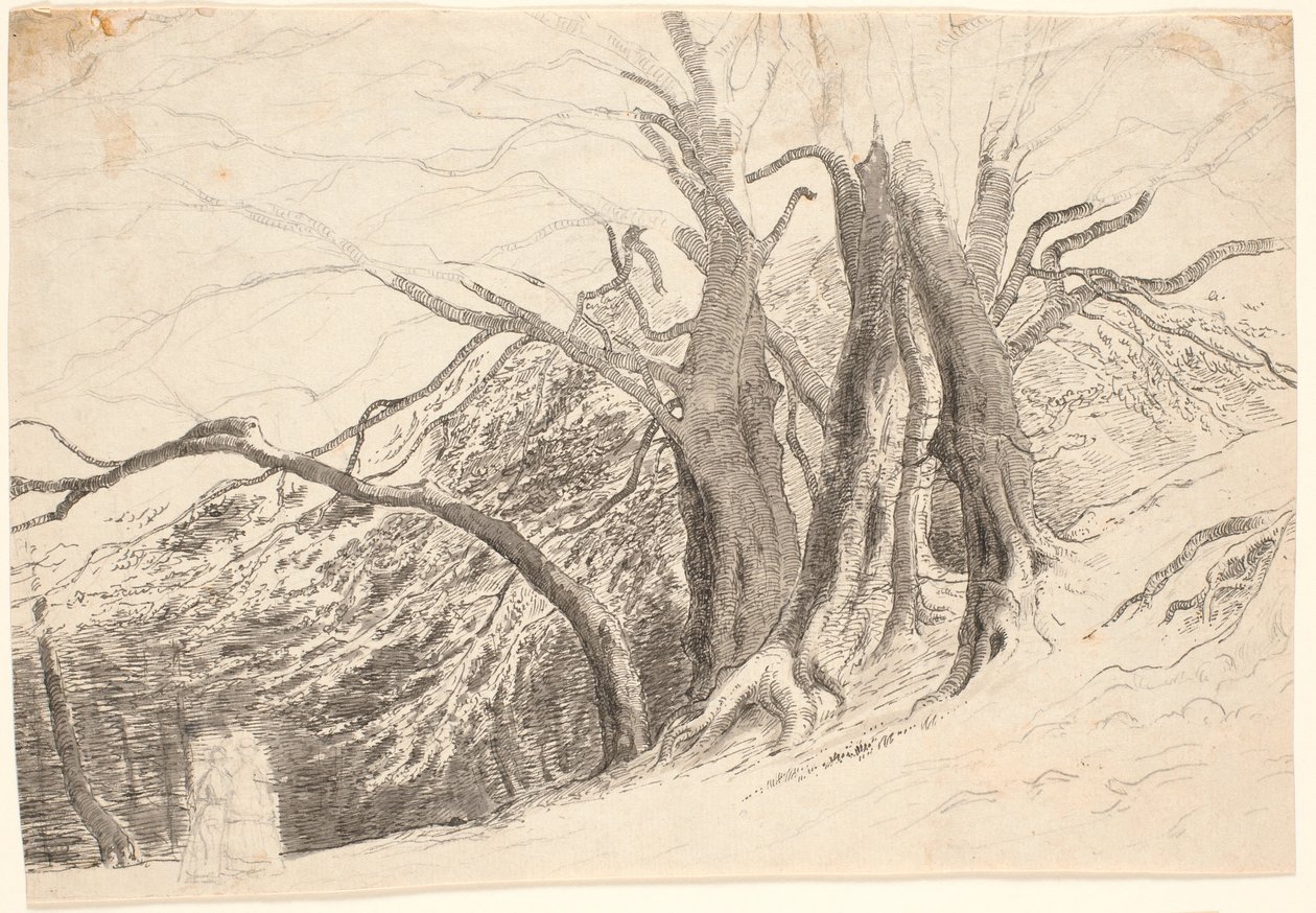 En bløff med store trær i en skog, med to gående damer. av P.C. Skovgaard