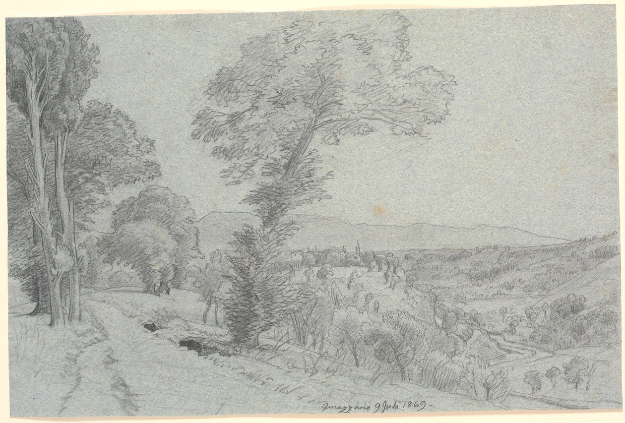 Italiensk fjellandskap med utsikt mot "Genazzano 9. juli 1869.". av P.C. Skovgaard