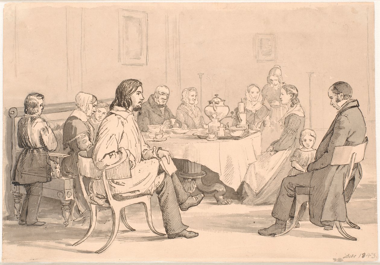 Kaffeselskapet på Fru Freunds Løvedagsmorgen. av P.C. Skovgaard