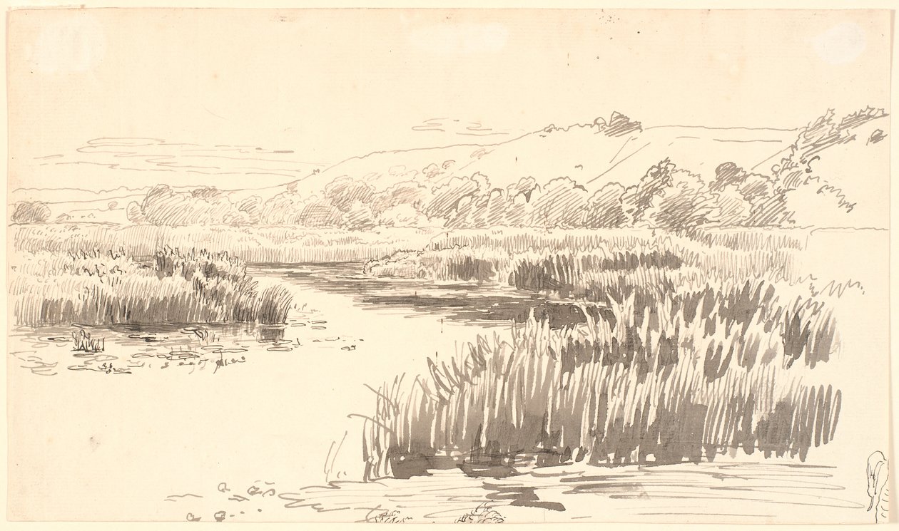 Landskap med en bekk som vokser høye siv langs bredden. Bakker i bakgrunnen. Sannsynligvis Vejle av P.C. Skovgaard