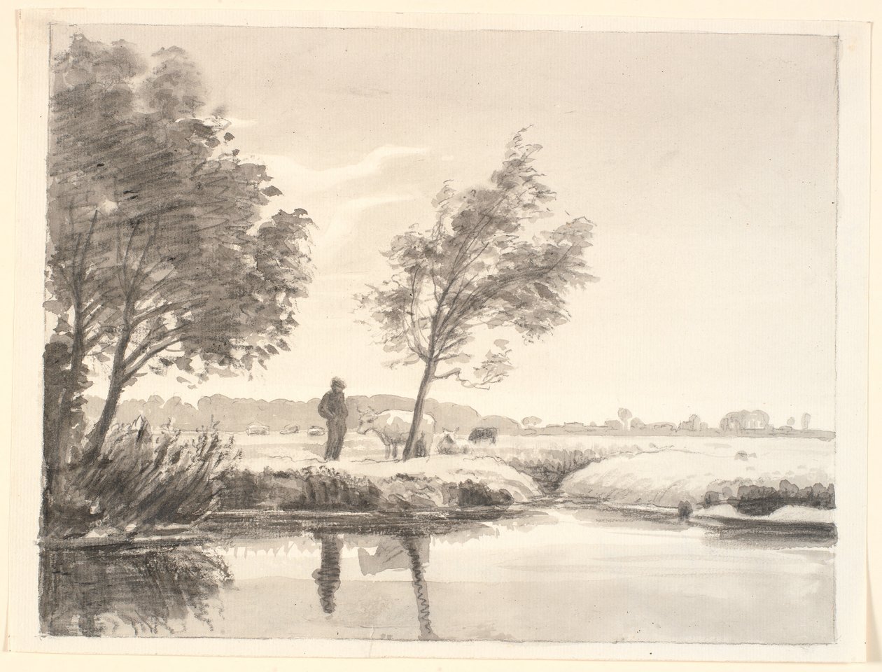 Landskap med jorder, trær, kyr og en bonde reflektert i vannet i forgrunnen av P.C. Skovgaard
