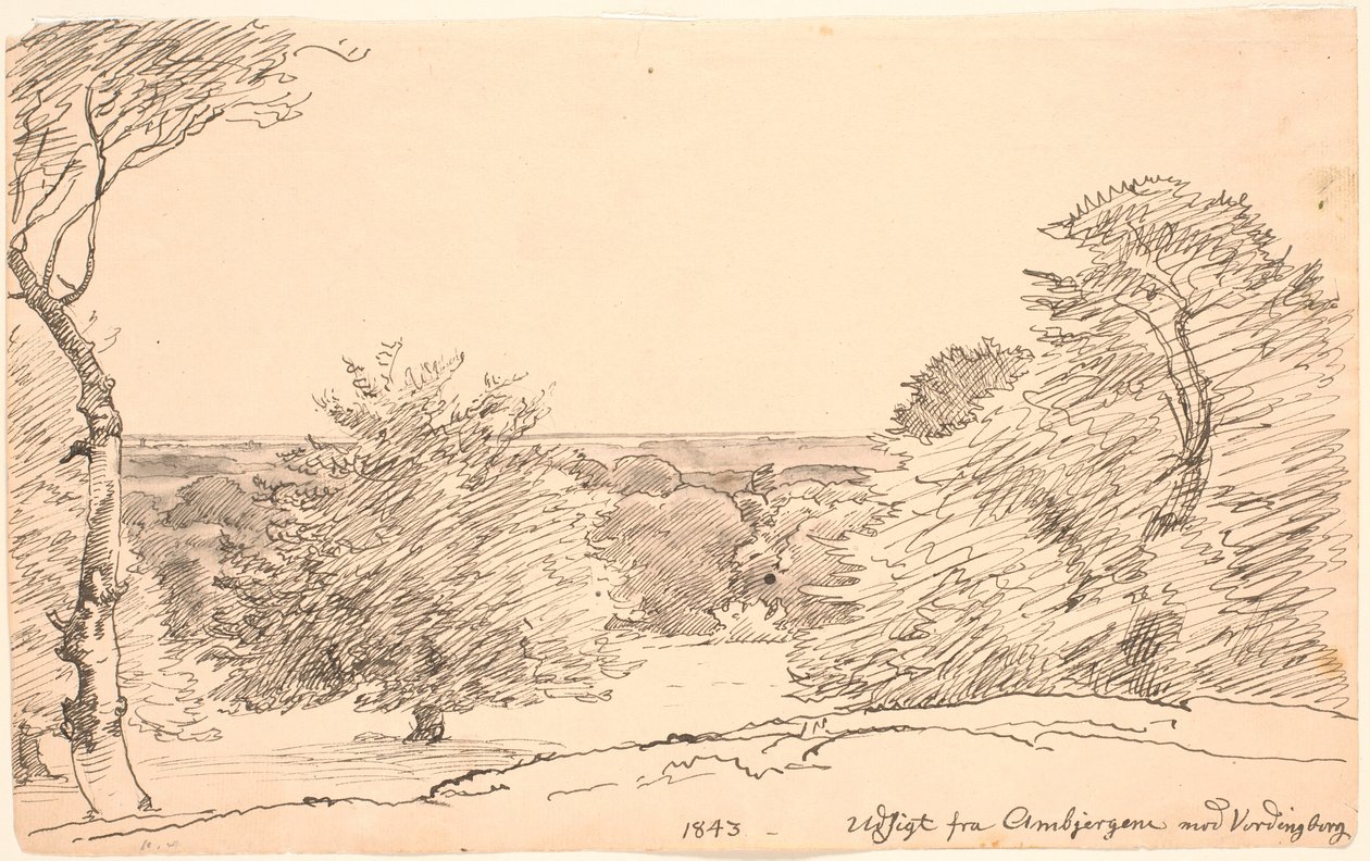 Landskap med trær og vid utsikt fra Ambjergene mot Vordingborg. av P.C. Skovgaard