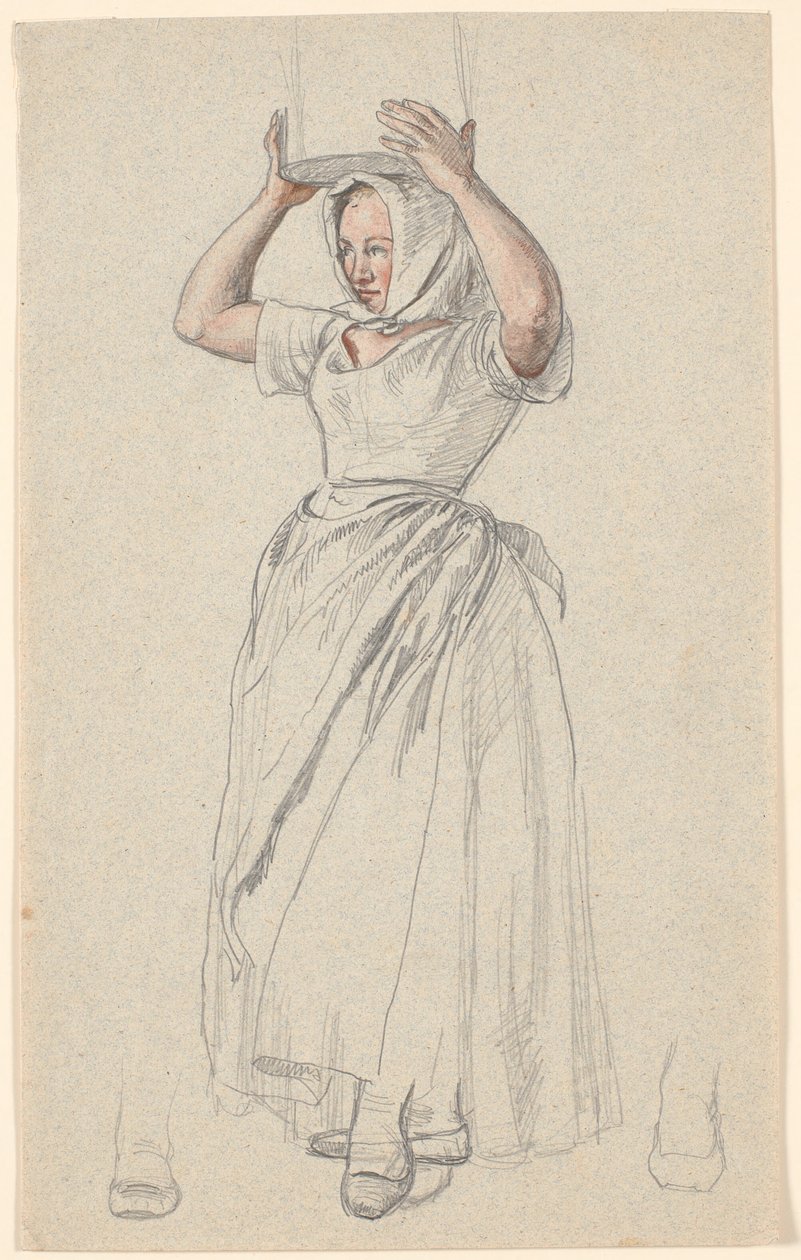 Stående bondepike med melkekanne på hodet. av P.C. Skovgaard