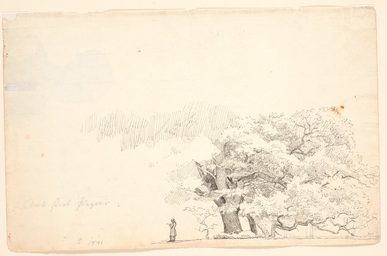 Store eiketrær, t.v. en lesende mann. av P.C. Skovgaard