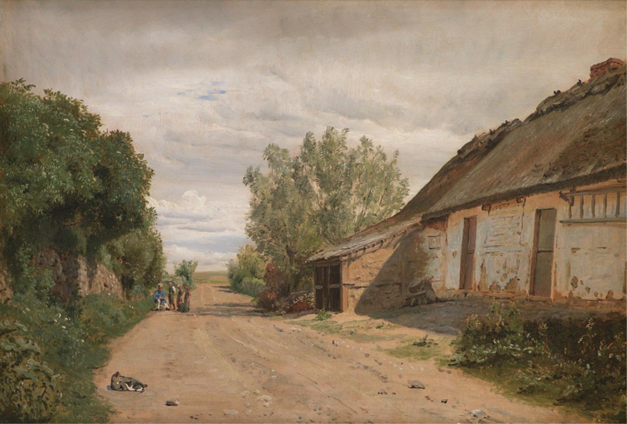 Utkanten av landsbyen Vejby. Ved Veikanten maler J.Th. Lundbye Skisser av P.C. Skovgaard