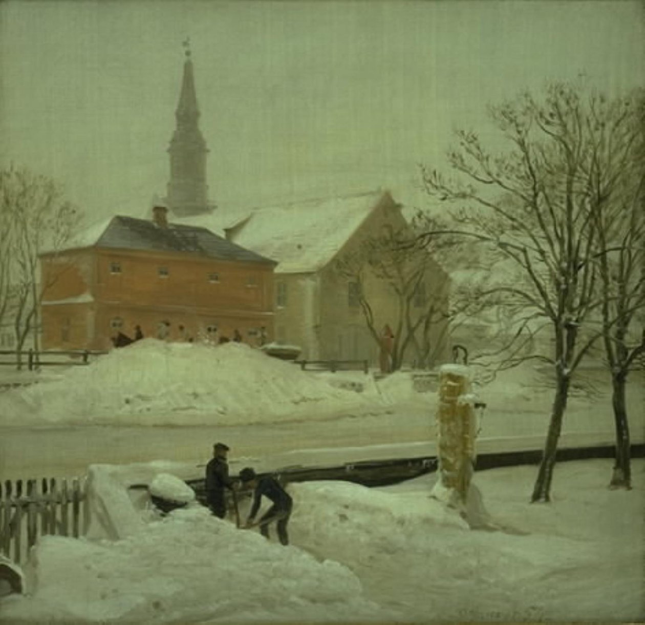 Utsikt fra kunstnerboligen i Løweners eiendom på Christianshavn. Vinterdag med snø av P.C. Skovgaard