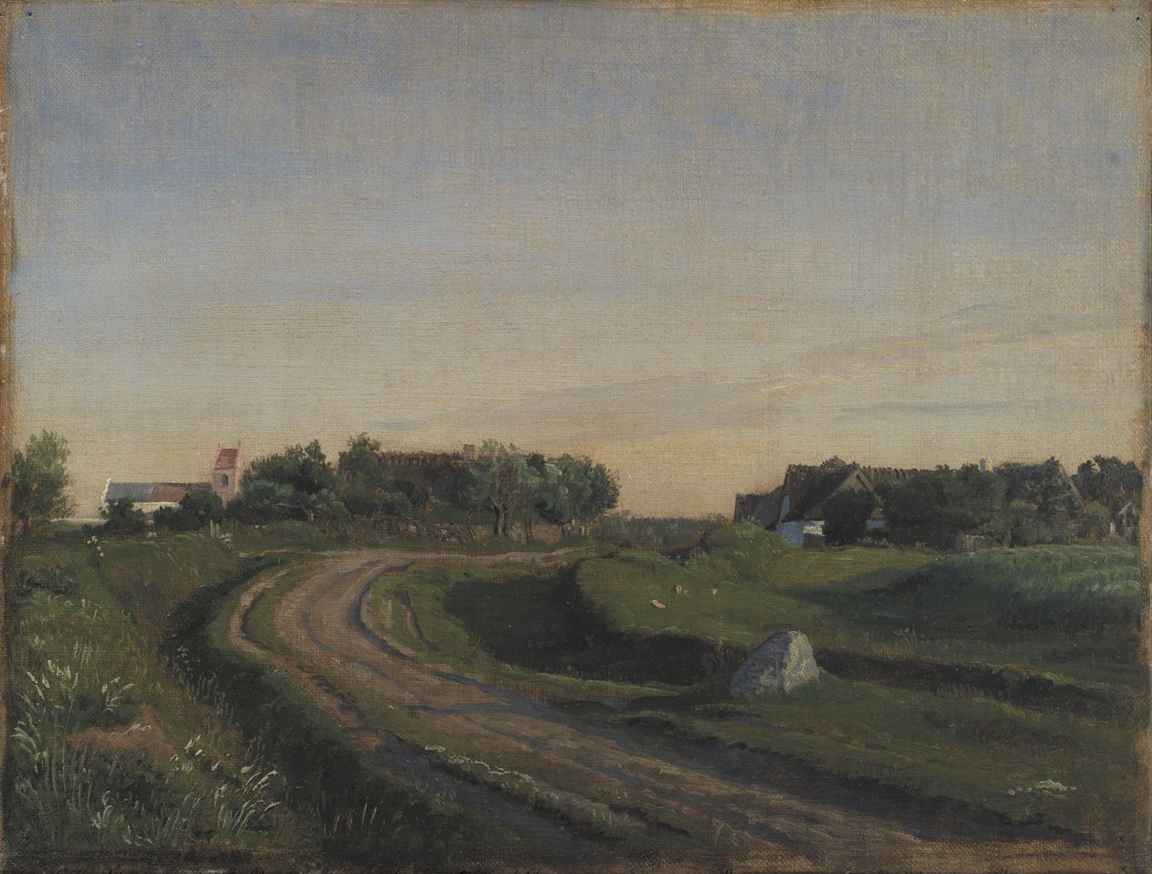 Vejby med Kirken sett fra nord. Kveldslys. Sjælland av P.C. Skovgaard