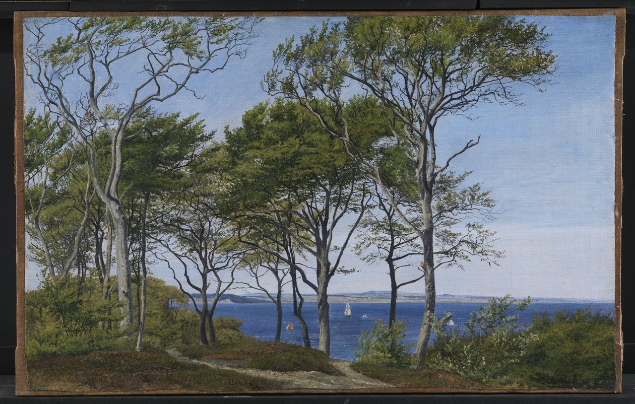 Utsikt gjennom bøketrær over en fjord av P.C. Skovgaard